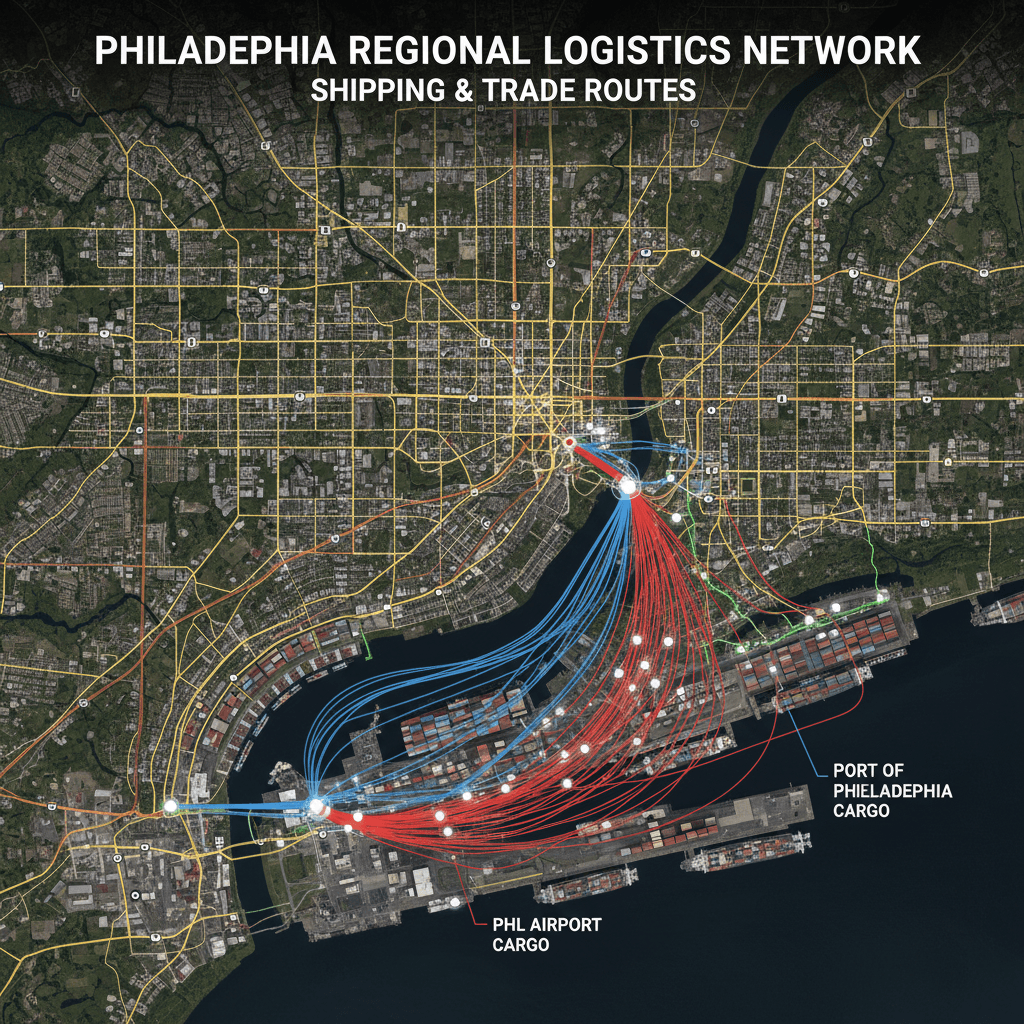 Philadelphia region with shipping routes and logistics network highlighted